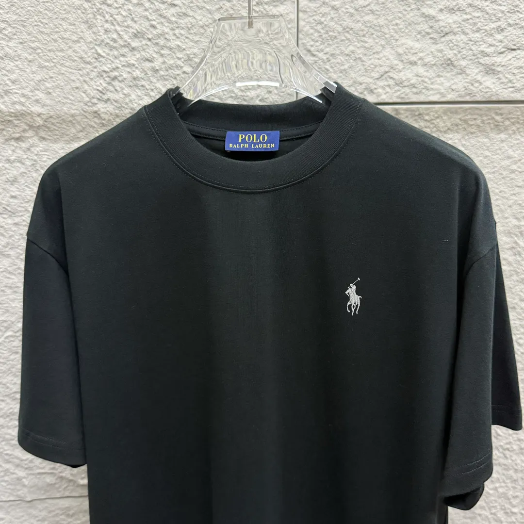 🅿️180 Polo Ralph Lauren 2025 spring and summer new style Classic pony embroidery Customized double yarn plain cotton fabric Short-sleeved T-shirt Uniform for men and women Size: S (90-130 pounds) M (120-150 pounds) L (140-165 pounds) XL (160-180 pounds) XXL (180-210 pounds) Color: Black white